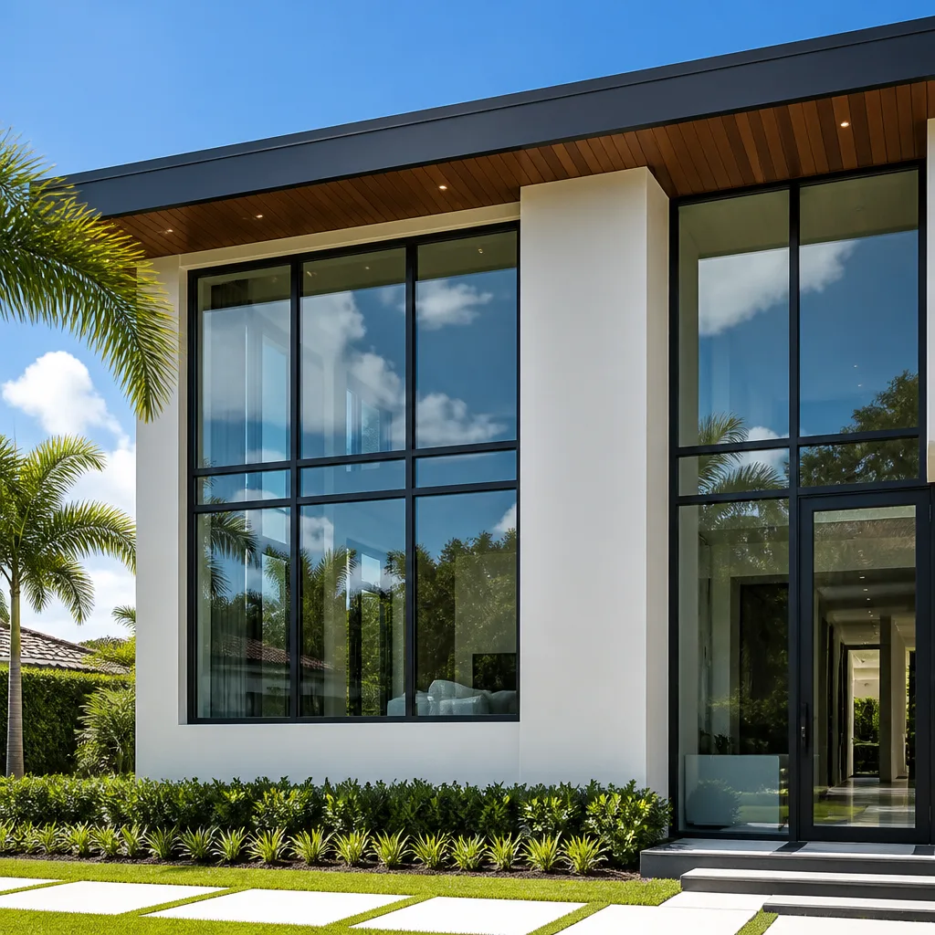 Modern luxury home with high-end impact windows and glass entry door