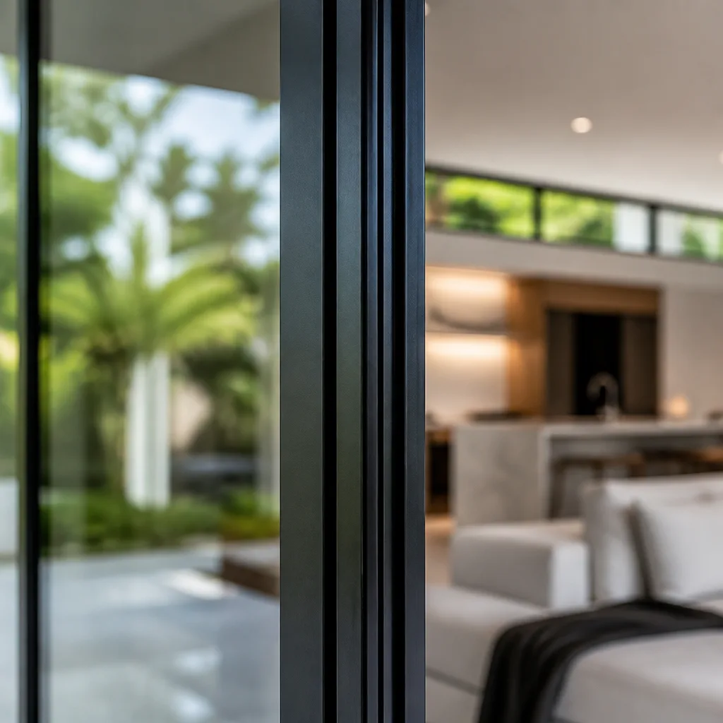 Modern black sliding glass door leading to a backyard patio area