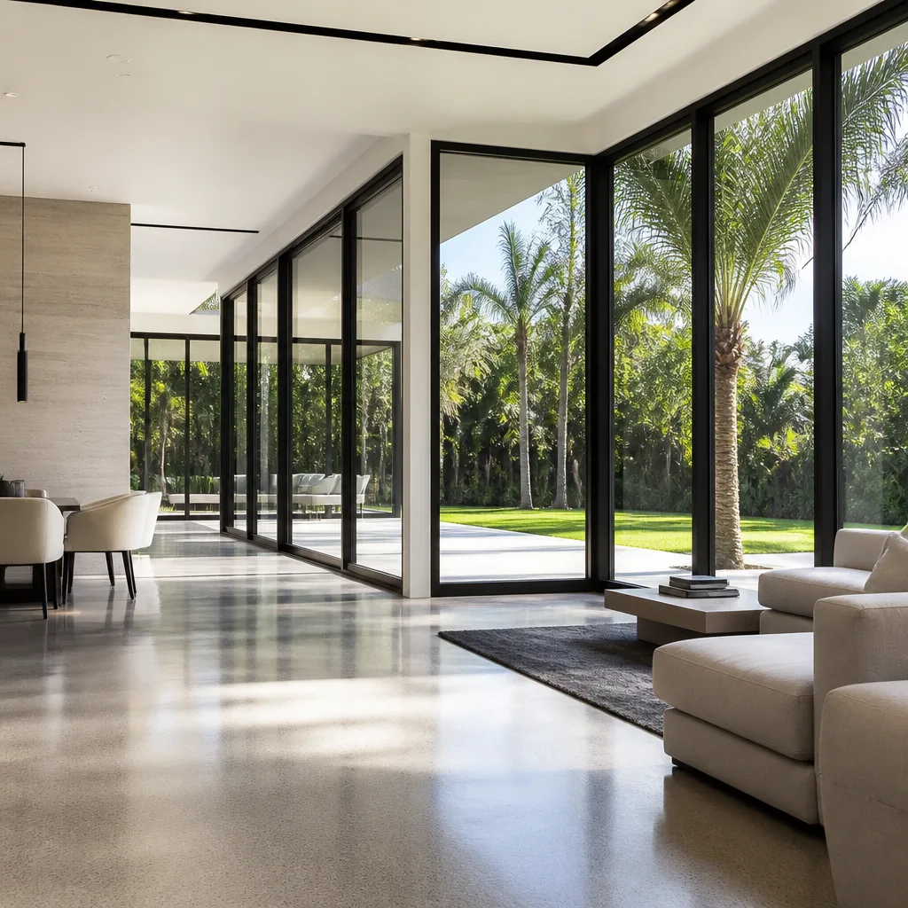 Modern interior living space with large floor-to-ceiling impact windows.
