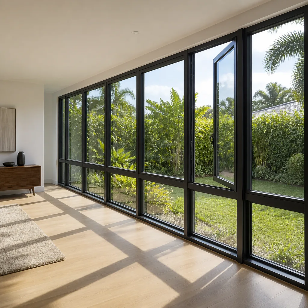 Modern floor-to-ceiling black frame window wall installation in a sunlit room