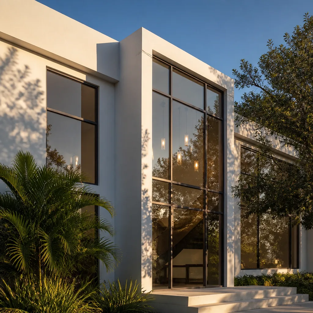 Modern luxury home exterior featuring high-end architectural floor-to-ceiling window installation.