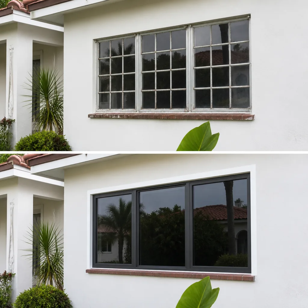 Before and after window replacement on a residential home exterior