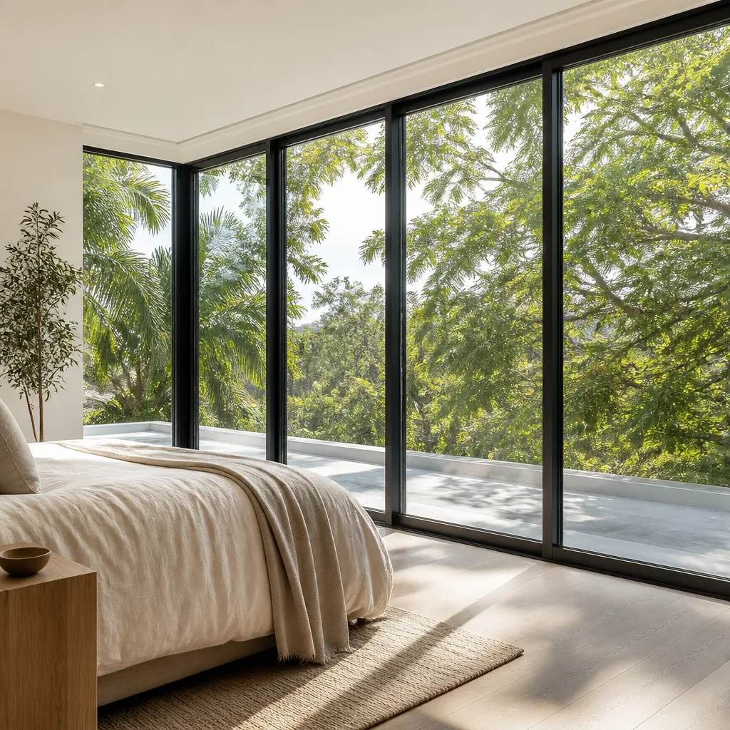 Modern floor-to-ceiling black frame sliding glass doors in a bedroom