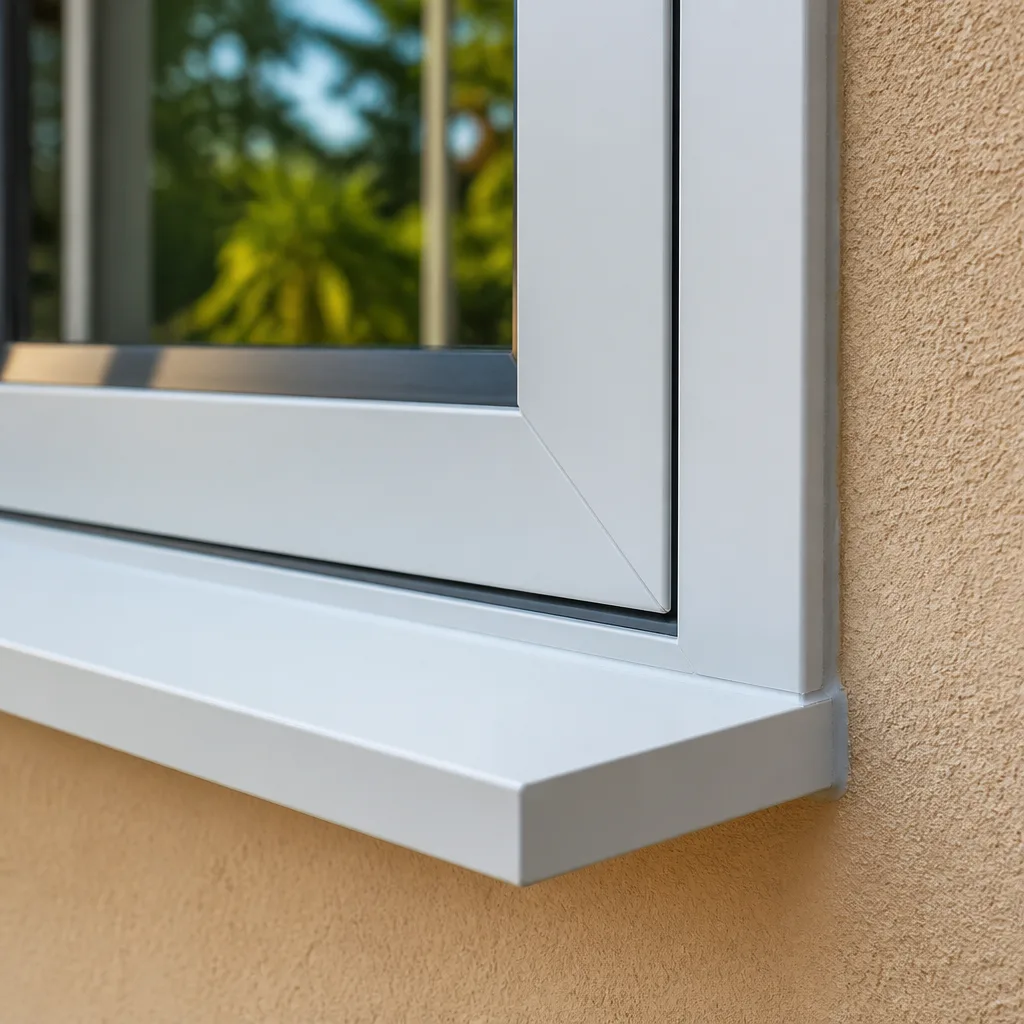 Modern window frame installation with white sill on textured exterior wall